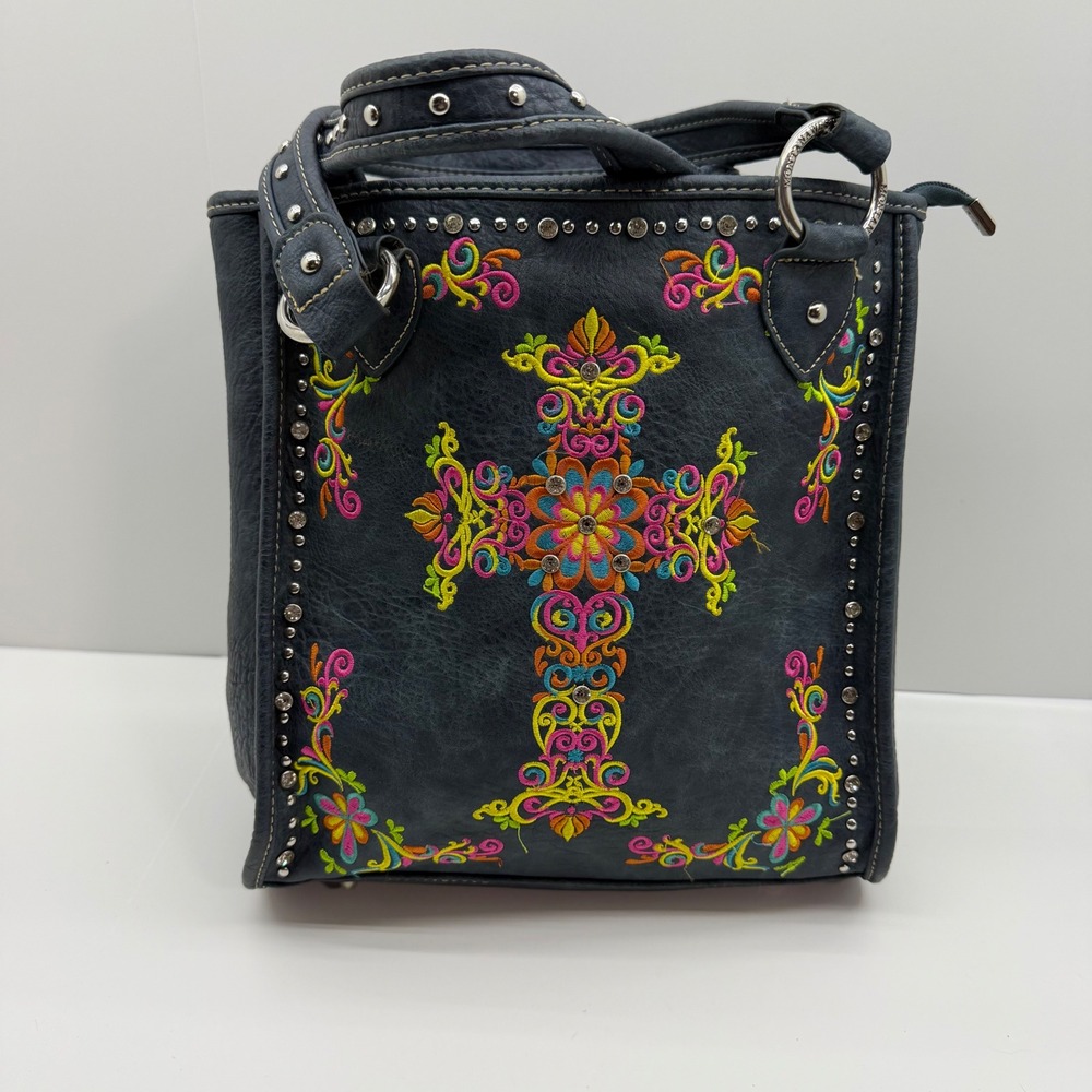Montana‎ West Navy Blue Embroidered Floral Cross Studded Shoulder Bag Tote